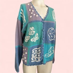 Vintage 90’s Herman Geist Color-block Embroidered Knit Butterfly Cardigan sz L